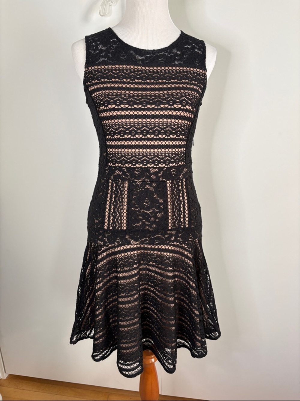BCBGMaxAzria Black Lace “Jalinda” Dress with Nude Lining | M
